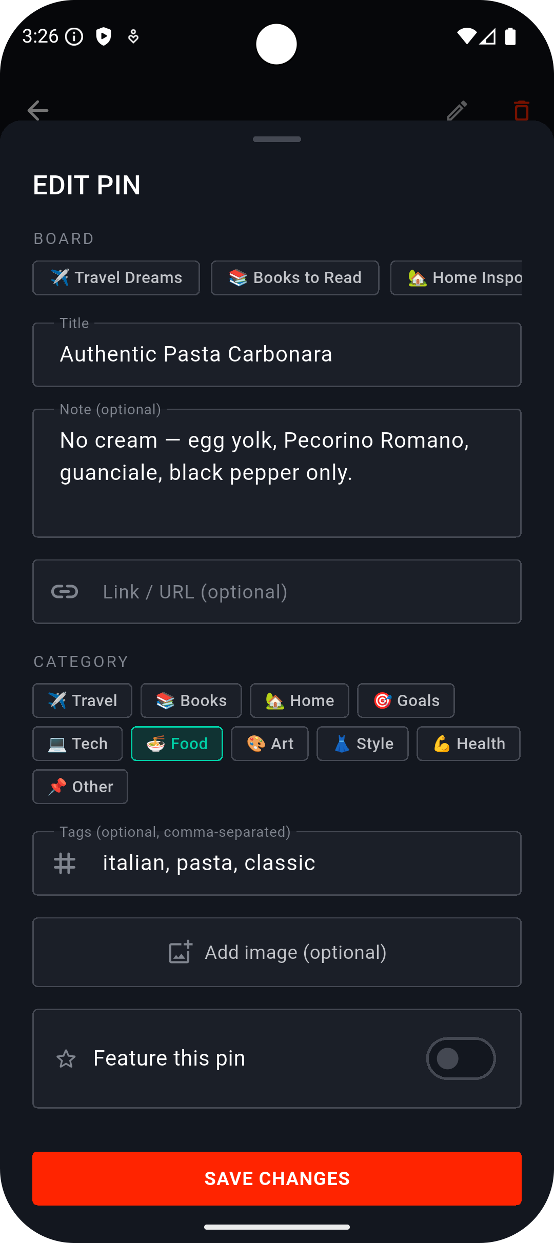 Pinup Things settings screen